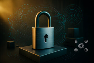 Metal padlock with futuristic data streams for cybersecurity