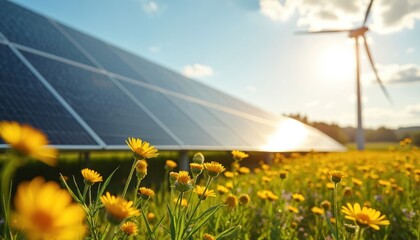 Large solar panel reflects bright sun in blooming field of yellow flowers under blue sky. Wind turbine stands far in background. Scene shows clean, sustainable energy production combined with natural
