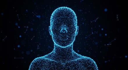 Ai humanoid figure composed of luminous blue data points and plexus lines, representing technology and digital identity