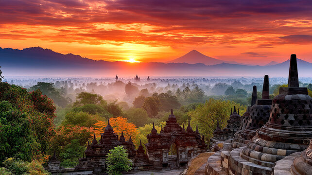 Photo of Borobudur temple at sunset, with stupas silhouetted against a vibrant orange sky, surrounded by distant volcanoes and misty landscapes. 