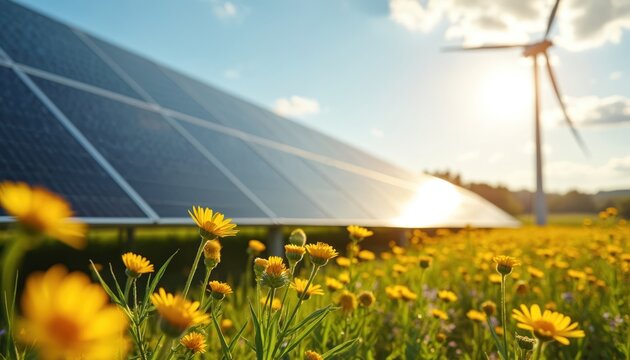 Large solar panel reflects bright sun in blooming field of yellow flowers under blue sky. Wind turbine stands far in background. Scene shows clean, sustainable energy production combined with natural