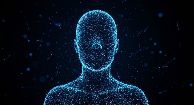 Ai humanoid figure composed of luminous blue data points and plexus lines, representing technology and digital identity