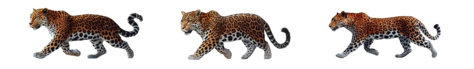 Fototapeta premium A sequence of three images showing a leopard walking from left to right, isolated on transparent background