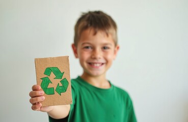 Smiling boy in green shirt holds cardboard with green recycle symbol. Child promotes reuse and eco-friendly actions. Kid supports planet saving.