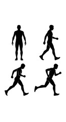 Silhouette of a person in various stages of movement, running and walking.
