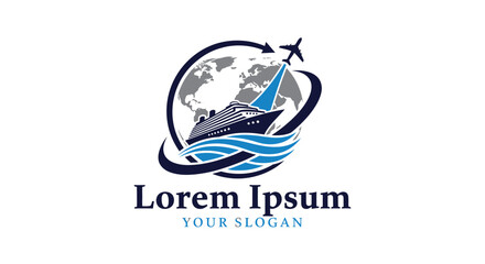 Travel agency logo featuring a ship airplane and globe for global adventures. © faidzalikah