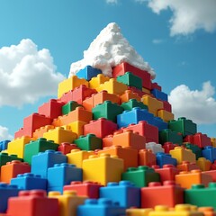 Obraz premium Colorful mountain crafted from toy blocks against blue sky with clouds. Structure symbolizes creativity imagination and construction. Creative design concept suitable for children themes.