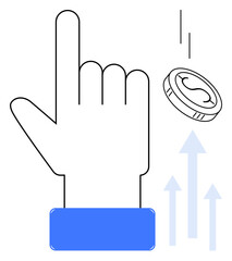 Flicking hand launches coin upward, paired with rising arrows for progress, choice, investment, and strategy. Ideal for gaming, finance, growth, opportunity success economy simple flat metaphor