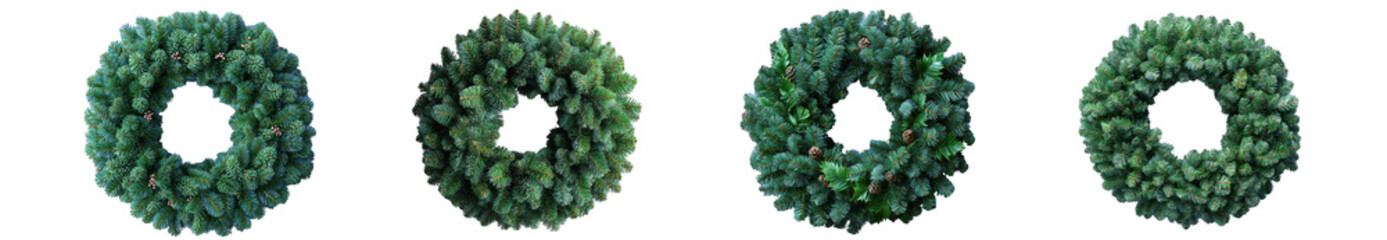 Four variations of a green christmas wreath, isolated on transparent background