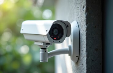 White security camera with red lights monitors property. Modern CCTV surveillance tech records activity at residential entrance, gate, business perimeter. Digital device provides safety, smart