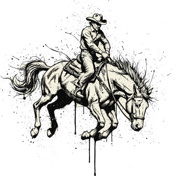 Vintage Rodeo Cowboy Riding a Wild Bucking Horse in Dynamic Sketch Ink Splatter Style, Energetic Hand-Drawn Western Illustration of Man and Animal Strength.
