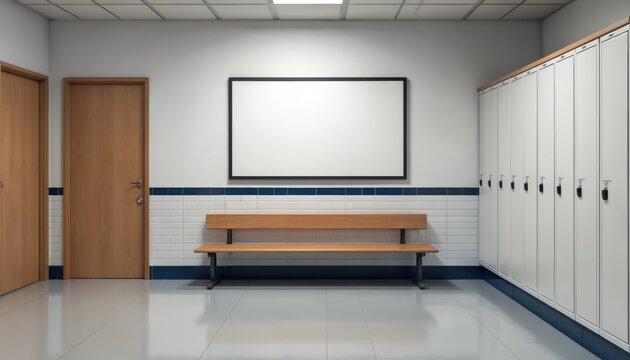 Empty school hallway with lockers and a bench. A blank poster frame hangs on the wall above a wooden bench and tiled wainscoting. Two wooden doors are visible.