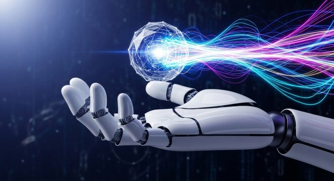 Robotic hand holding glowing digital data sphere with light trails