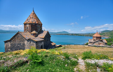 view of Sevanavank monastery on the lake, armenia
