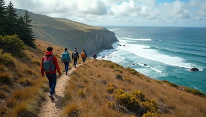 Group hikes on dirt path along ocean cliff. People with backpacks explore coastal landscape. Waves crash on rocky shore below. Sunny day with clouds.