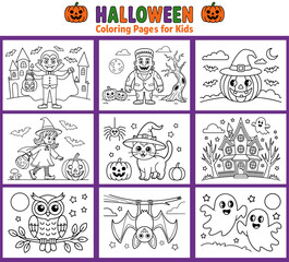 Halloween coloring pages for kids featuring spooky characters like a vampire, witch, cat, haunted house, owl, bat, ghosts, and pumpkins in fun, engaging scenes