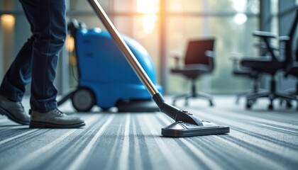 Person vacuums carpet in office space with modern cleaning machine. Man cleans floor with equipment near chairs, maintaining hygiene. Professional janitorial service ensures clean workspace for