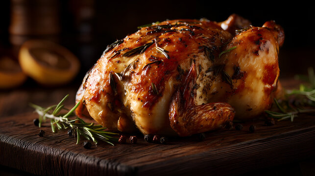 Maillard browning and herb distribution highlight culinary technique and food structure. Background props suggest preparation context and ingredient taxonomy.