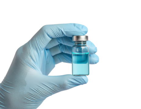 Doctor's Hand in blue gloves hold the vial with vaccine or drug on transparent background 