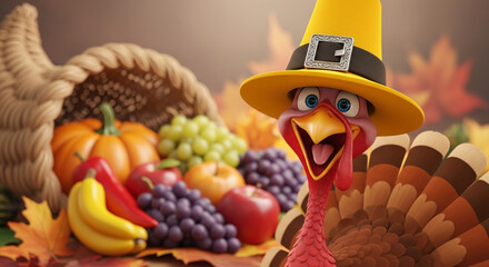 Festive cartoon turkey with pilgrim hat and cornucopia with fruit, representing Thanksgiving, harvest, and celebration, perfect for holiday theme