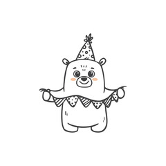 cute cartoon bear with birthday decoration. Animal in doodle style for greeting card, happy birthday. Vector illustration