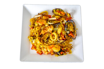 Delicious Seafood Paella with Mussels, Shrimp, and Calamari