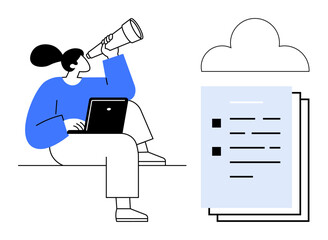 Naklejka na ściany i meble Woman using telescope while working on laptop, stack of documents near a digital cloud. Ideal for research, cloud storage, exploration, innovation, data analysis, creativity teamwork. Simple flat Naklejka na ściany i meble Woman using telescope while working on laptop, stack of documents near a digital cloud. Ideal for research, cloud storage, exploration, innovation, data analysis, creativity teamwork. Simple flat