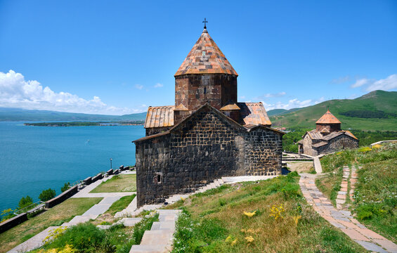 view of Sevanavank monastery on the lake, armenia