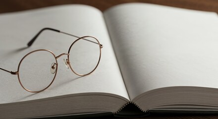 Classic round spectacles with elegant copper frames lie gently on the expansive, pristine white pages of an open book, set against a blurred dark background.