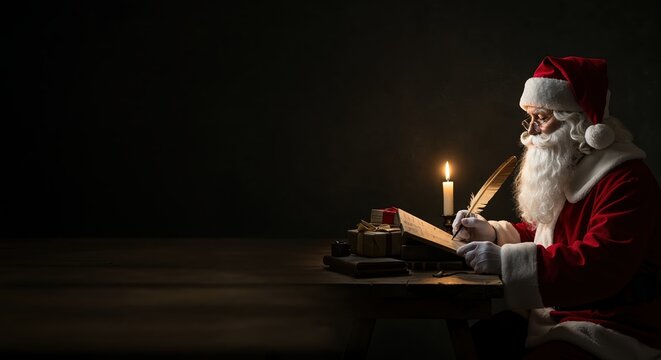 An old man dressed as Santa Claus diligently writes a list with a quill pen by candlelight at a rustic wooden desk, surrounded by wrapped gifts in a low-key, dark, and moody setting.