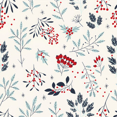 On a light background, branches intertwine with red berries and leaves in cool shades from blue to light blue creating a feeling of freshness and lightness. The illustration is perfect for textiles,