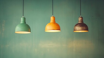 Obraz premium Colorful pendant lights cast a warm glow against a softly textured wall, creating an inviting atmosphere perfect for relaxation