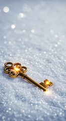 An ornate golden skeleton key with a radiant glow rests on a bed of shimmering white snow, surrounded by ethereal bokeh and soft blue light.