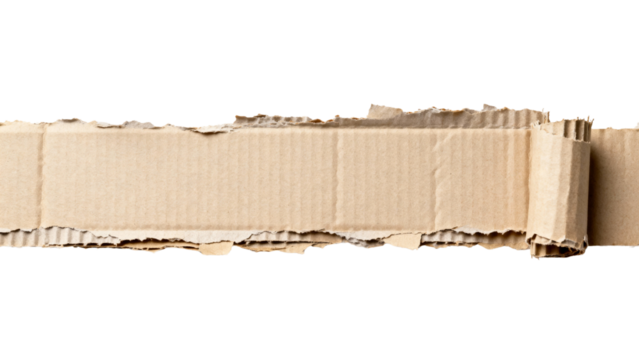Torn corrugated cardboard strip with rough edges and rolled element, isolated on transparent background - Powered by Adobe