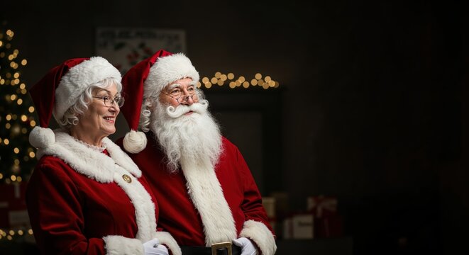 Santa Claus and Mrs. Claus smile warmly in their traditional red and white suits, standing together in a festive, dimly lit room with a glowing Christmas tree and copy space. - Powered by Adobe