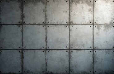 Naklejka premium Abstract concrete wall texture with square tile design. Distressed metal plates fastened by rivets creating industrial background. Grunge building exterior has aged weathered surface.