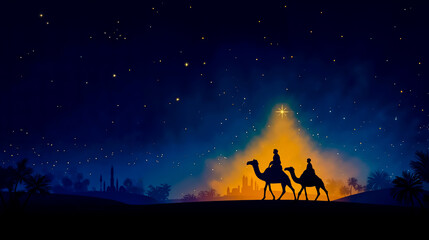 A nighttime scene with three camels carrying people across a desert landscape under a starry sky