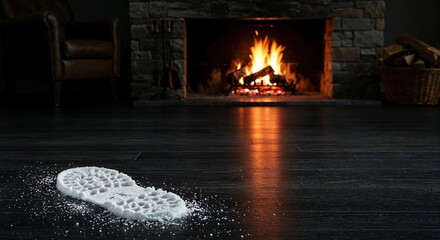 A distinct white snow footprint lays on a dark wooden floor in a cozy room, with a warm, crackling fireplace glowing brightly in the blurred background.