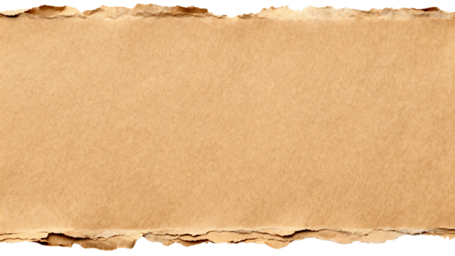 Aged torn brown paper texture background with ragged edges, isolated on transparent background for design