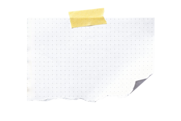 Torn piece of dotted grid paper with yellow tape isolated on transparent background for design elements.