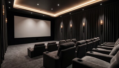 Private cinema room with plush recliners, large screen, and dark velvet curtains. This modern interior offers luxury entertainment at home. Experience comfort for film viewing.