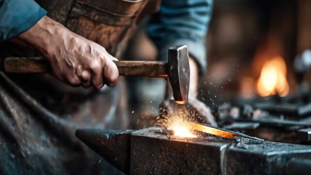 Skilled blacksmith striking metal with hammer, sparks flying as the scene progresses, showcasing craftsmanship and intensity, camera zooms in on action
