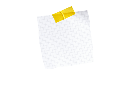 Torn gridded paper with yellow tape, perfect blank note for messages or creative design, isolated on transparent background