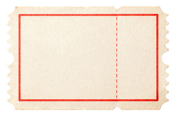 Blank vintage admission ticket or raffle stub with red border isolated on transparent background...