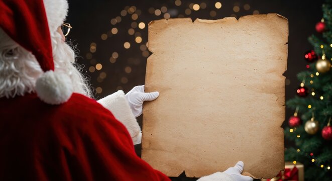 Santa Claus holds a blank vintage parchment scroll over his shoulder, standing by a festive Christmas tree with twinkling bokeh lights.