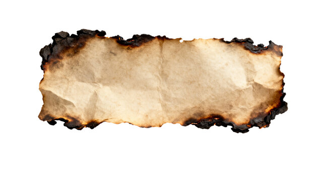 Vintage burnt paper texture with stark charred edges, isolated on transparent background asset.