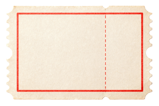 Blank vintage admission ticket or raffle stub with red border isolated on transparent background design