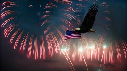 Majestic bald eagle soars with American flag against vibrant red fireworks display symbolizing - Powered by Adobe