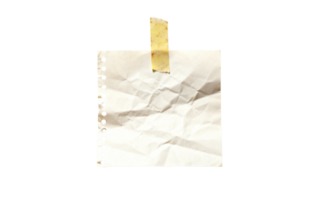 Crumpled square sheet of torn spiral notebook paper held with tape isolated on transparent background