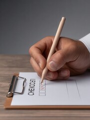 Hand Checks off Items on a Checklist With a Pencil on a Wooden Desk During the Daytime